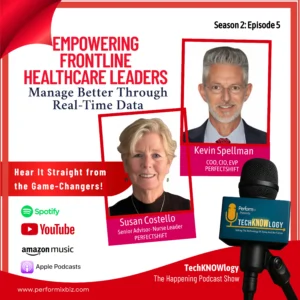 Podcast promotional graphic featuring Susan Costello and Kevin Spellman discussing healthcare leadership.